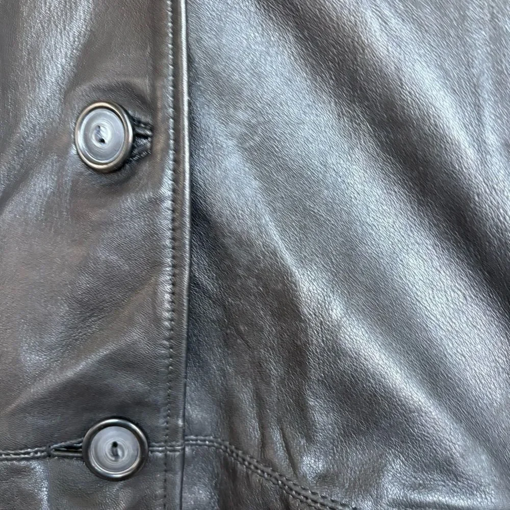Vintage Margaret Godfrey Black Leather Mid-Length Jacket Size M Button-Up